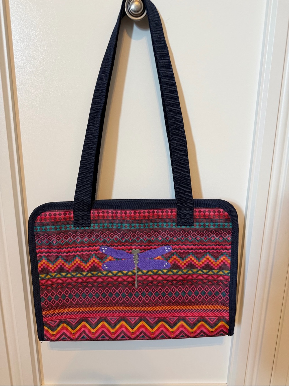 Vibrant Tribal Print Tote with Purple Dragonfly Accent